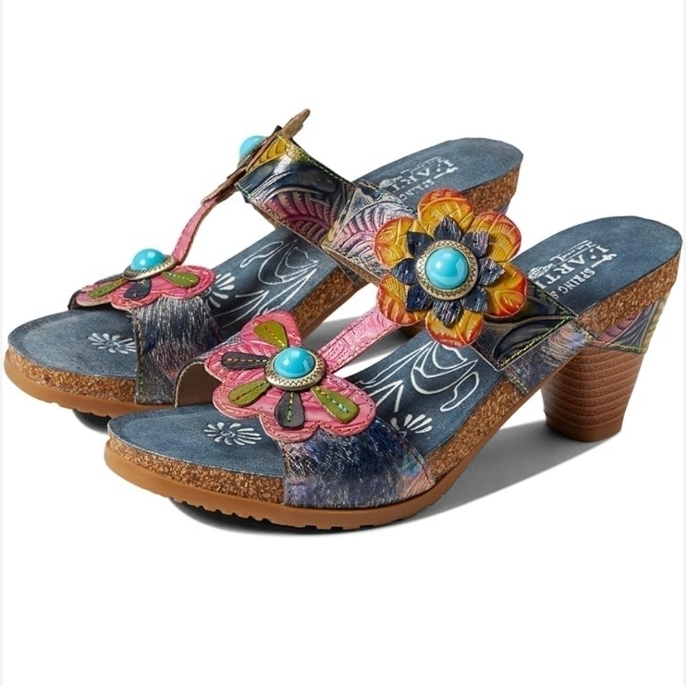 L' Artiste SPRING STEP Floral Leather Cork Sandals 41